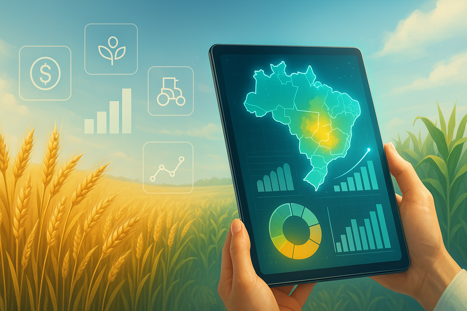 Visual futurista representando dados reais do Aegro Index conectando fazendas pelo Brasil