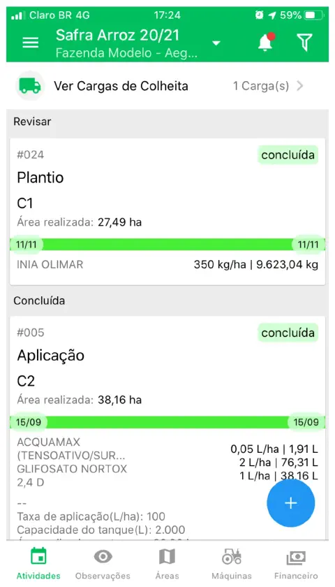 Imagem de uma tela de celular com o aplicativo Aegro aberto, na aba de aplicações de defensivos.