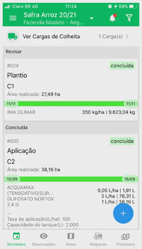 Imagem de uma tela de celular com o aplicativo Aegro aberto, na aba de aplicações de defensivos.