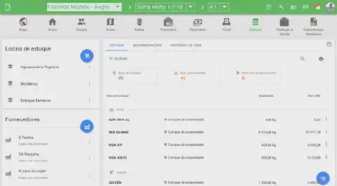 Tela do Aegro, na aba de estoque da fazenda. A imagem apresenta dados fictícios.