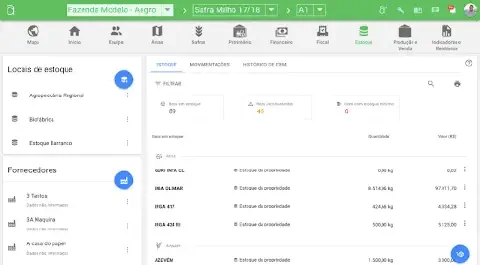 Tela do Aegro, na aba de estoque da fazenda. A imagem apresenta dados fictícios.