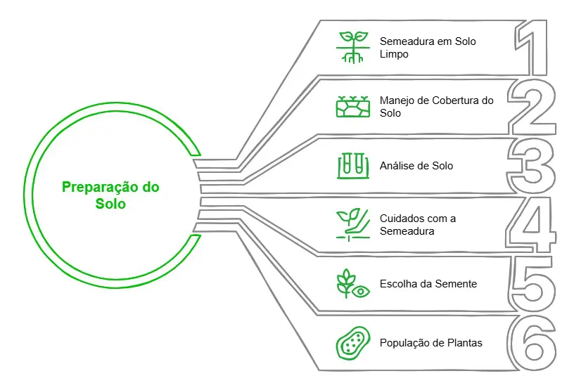 6 Passos Essenciais para a Preparação do Solo na Fazenda Este infográfico detalha as seis etapas fundamentais para a preparação do solo antes do plantio. No centro, um círculo verde