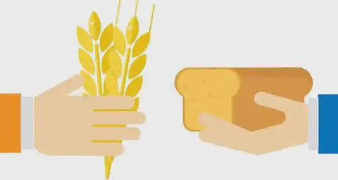 ilustração minimalista que retrata uma troca simbólica entre duas pessoas. À esquerda, uma mão com manga de ca