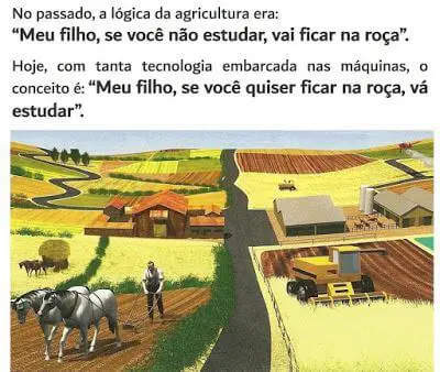 A Evolução da Agricultura: Do Arado à Tecnologia ilustração comparativa que retrata a profunda evolução da agricultura, dividida visualmente por uma estrada. D