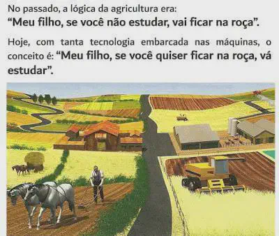 ilustração comparativa que retrata a profunda evolução da agricultura, dividida visualmente por uma estrada. D