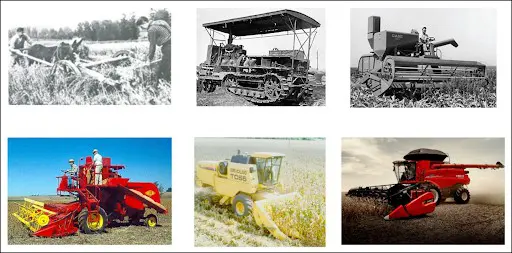 montagem composta por seis fotografias que ilustram a linha do tempo da evolução do maquinário agrícola, espec
