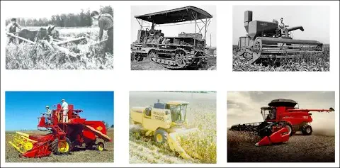 montagem composta por seis fotografias que ilustram a linha do tempo da evolução do maquinário agrícola, espec