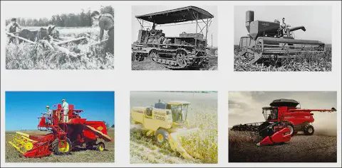 montagem composta por seis fotografias que ilustram a linha do tempo da evolução do maquinário agrícola, espec