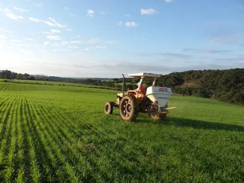 operação agrícola em um dia ensolarado, com céu azul e poucas nuvens. Em primeiro plano, um trator de co
