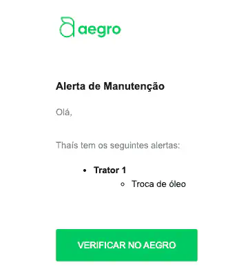 uma notificação de 'Alerta de Manutenção' do software de gestão agrícola Aegro. A notificação, com um design l
