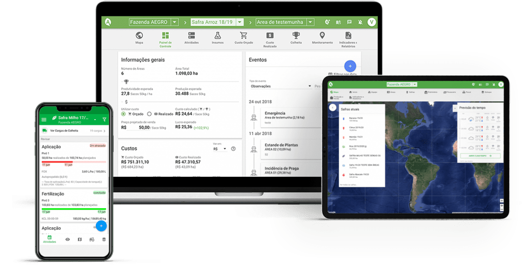 Software de gestão agrícola Aegro para computador, celular e tablet
