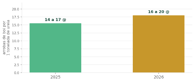Relação de troca boi gordo x ureia: 14–17 arrobas por tonelada em 2025 contra 16–20 arrobas em 2026