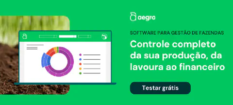 Esta é uma imagem promocional do software Aegro, projetada para atrair produtores rurais. O design utiliza um fundo verde vib