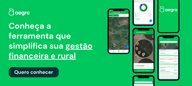 Aegro: Software de Gestão Financeira e Rural Simplificada material promocional do software de gestão rural Aegro. Em um fundo verde escuro, à esquerda, destaca-se o logo