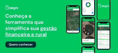 material promocional do software de gestão rural Aegro. Em um fundo verde escuro, à esquerda, destaca-se o logo