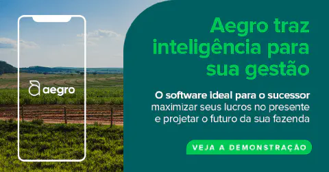 material de marketing para o software de gestão agrícola Aegro. O design é dividido em duas seções: à esquerda,