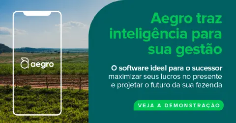 material de marketing para o software de gestão agrícola Aegro. O design é dividido em duas seções: à esquerda,