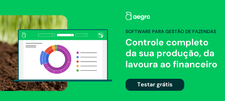 Esta é uma imagem promocional para o software de gestão rural Aegro. O design é dividido em duas seções principais sobre um f