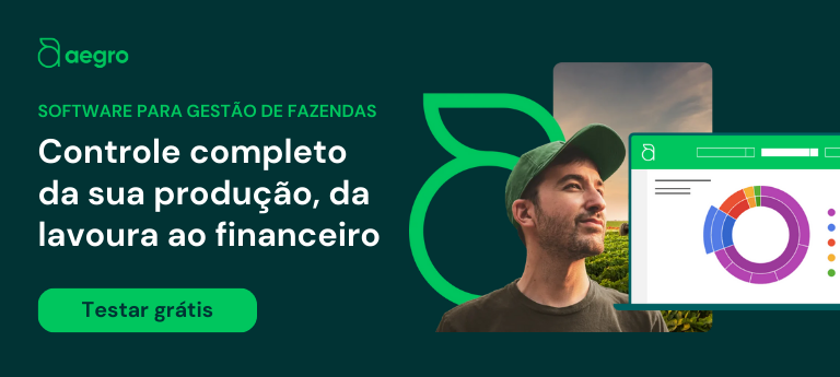 Aegro: Software para Gestão Completa de Fazendas Esta imagem é um banner publicitário para o software de gestão de fazendas Aegro. Em um fundo verde escuro, a imagem combina