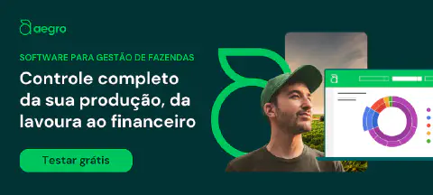 Esta imagem é um banner publicitário para o software de gestão de fazendas Aegro. Em um fundo verde escuro, a imagem combina