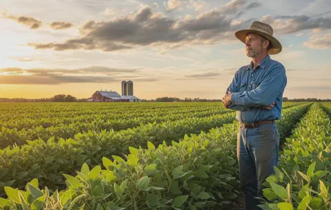 agricultor experiente, de meia-idade, em pé no meio de uma vasta lavoura, que aparenta ser de soja, duran