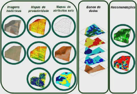 infográfico que ilustra o fluxo de trabalho da agricultura de precisão. Ela é dividida em três seções principai
