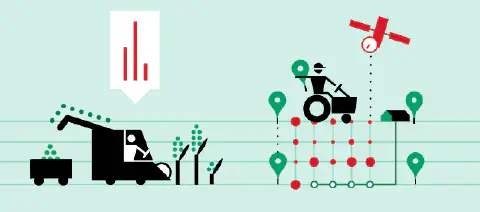 ilustração estilizada que representa a agricultura de precisão e a gestão agrícola moderna. Ela é dividida em