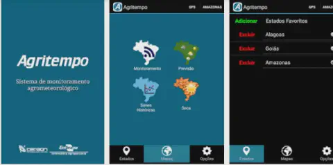 três telas da interface do aplicativo móvel 'Agritempo', um sistema de monitoramento agrometeorológico desenvo