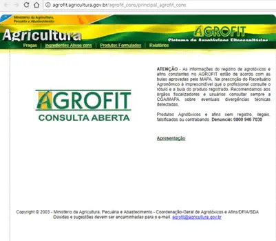 uma captura de tela da página inicial do sistema AGROFIT, a plataforma oficial do Ministério da Agricultura, P
