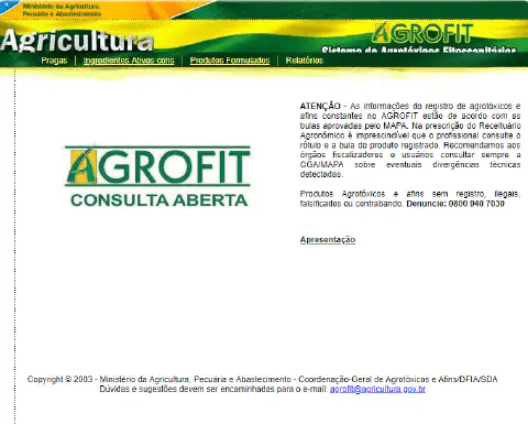 página inicial do Agrofit, o sistema oficial de consulta de agrotóxicos e produtos fitossanitários do Minis