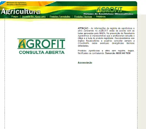 a página inicial do AGROFIT, o Sistema de Agrotóxicos Fitossanitários do Ministério da Agricultura, Pecuária e