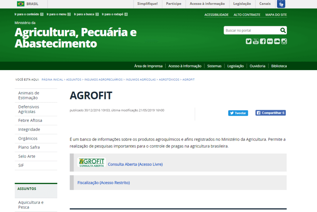 AGROFIT: Consulta de Defensivos do Ministério da Agricultura uma captura de tela da página do sistema AGROFIT, hospedada no site oficial do Ministério da Agricultura, Pecu