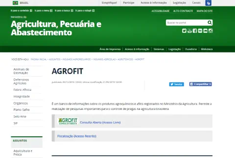 uma captura de tela da página do sistema AGROFIT, hospedada no site oficial do Ministério da Agricultura, Pecu