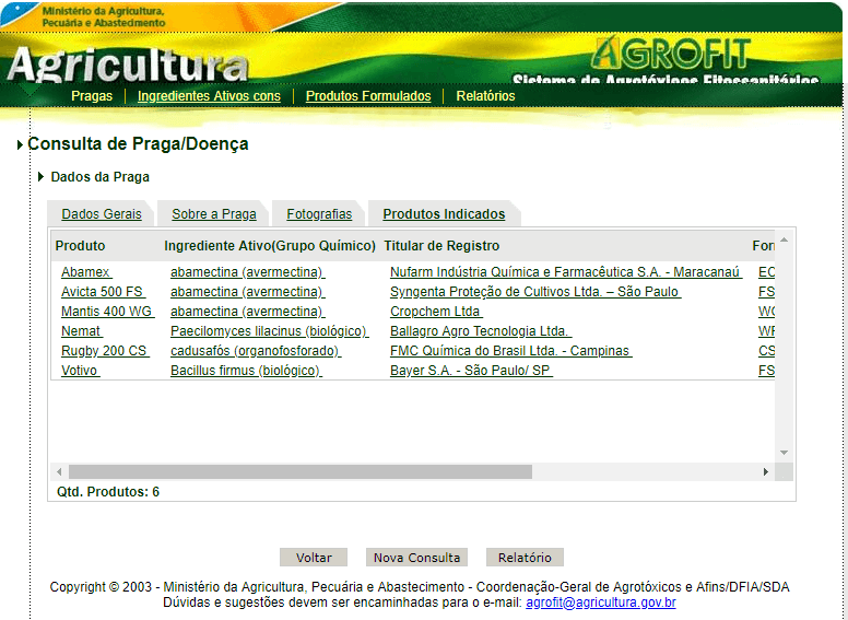 Agrofit: Consulta de Produtos para Pragas e Doenças uma captura de tela do sistema Agrofit, a plataforma oficial de consulta de agrotóxicos e produtos fitossanitá