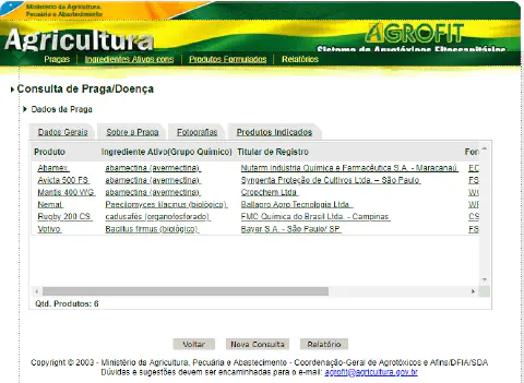 uma captura de tela do sistema Agrofit, a plataforma oficial de consulta de agrotóxicos e produtos fitossanitá