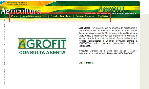 uma captura de tela do site AGROFIT, o sistema oficial de agrotóxicos e fitossanitários do Ministério da Agric