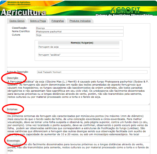 AGROFIT: Consulta sobre a Ferrugem Asiática da Soja uma captura de tela do sistema AGROFIT, uma plataforma de consulta sobre agrotóxicos e pragas agrícolas mantid