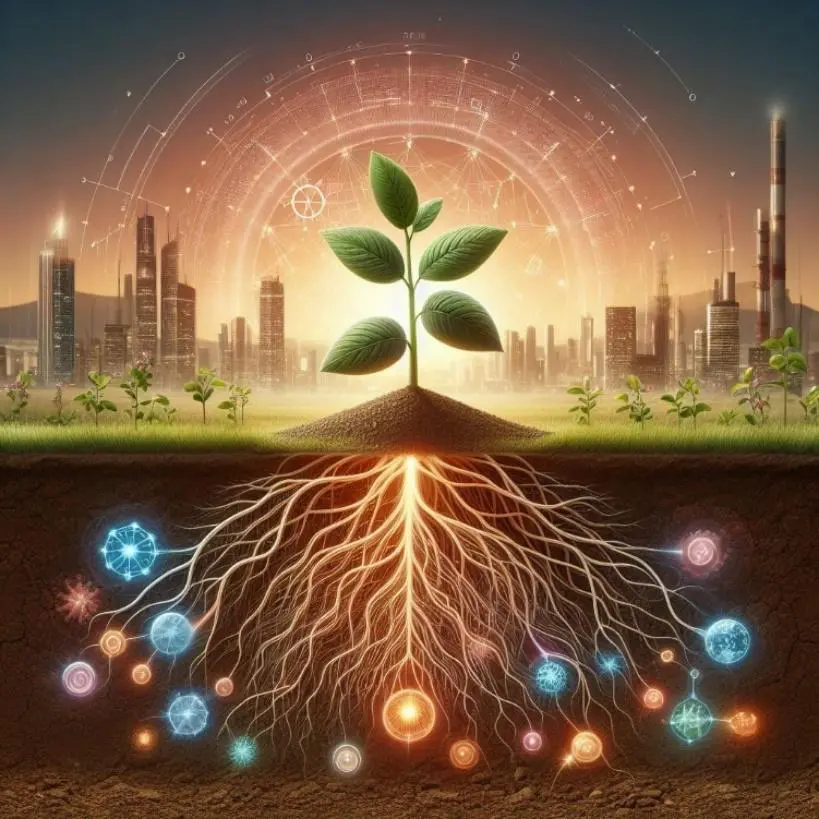 de forma conceitual a fusão entre agricultura, tecnologia e o ambiente urbano. No centro, uma planta jovem e