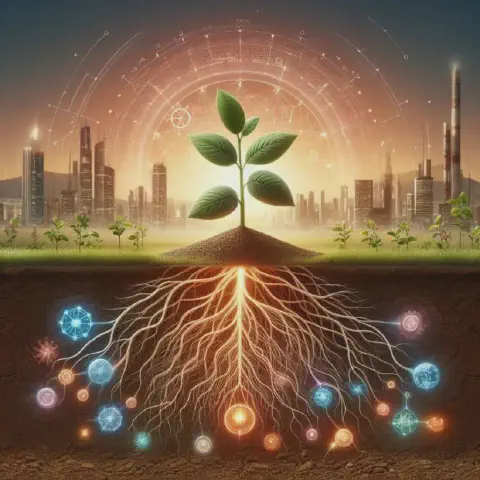 de forma conceitual a fusão entre agricultura, tecnologia e o ambiente urbano. No centro, uma planta jovem e