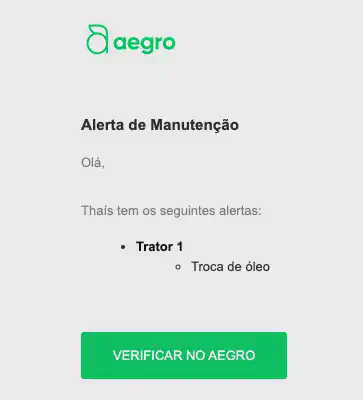 uma captura de tela de um e-mail de notificação do software de gestão agrícola Aegro. O e-mail, intitulado 'Al