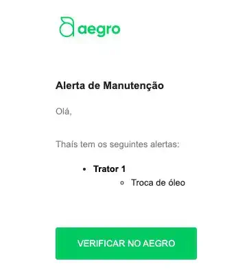 uma captura de tela de um e-mail de notificação do software de gestão agrícola Aegro. O e-mail, intitulado 'Al