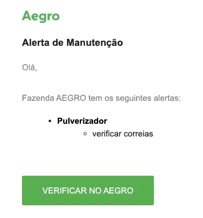 Alerta de Manutenção de Máquinas no Software Aegro uma notificação de ‘Alerta de Manutenção’ do software de gestão agrícola Aegro. Com um design limpo e direto,
