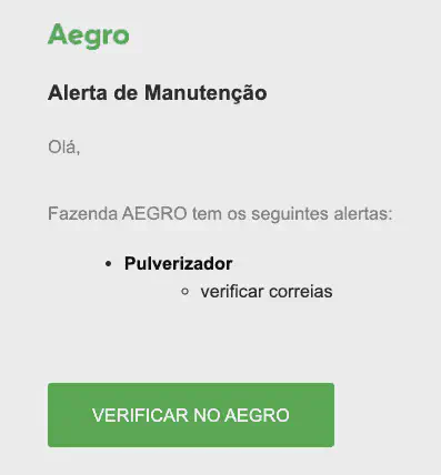 Tela do sistema Aegro mostrando funcionalidade de alertas automáticos de manutenção preventiva de maquinário agrícola com notificações por e-mail