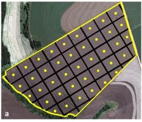 uma vista aérea de uma área agrícola, provavelmente uma lavoura, com uma sobreposição gráfica para fins de aná