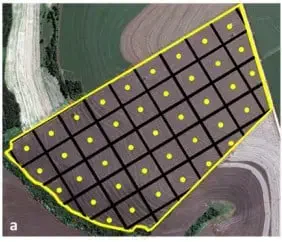 uma vista aérea de uma área agrícola, provavelmente uma lavoura, com uma sobreposição gráfica para fins de aná
