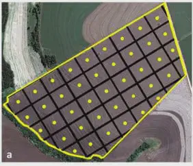 uma vista aérea de uma área agrícola, provavelmente uma lavoura, com uma sobreposição gráfica para fins de aná