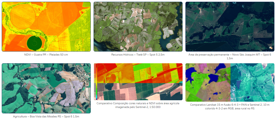 composição de seis exemplos distintos de análise de sensoriamento remoto aplicada à agricultura e gestão de te