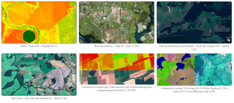 composição de seis exemplos distintos de análise de sensoriamento remoto aplicada à agricultura e gestão de te