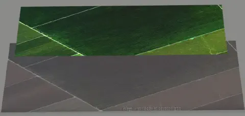 uma comparação visual entre dois tipos de imagens de satélite da mesma área agrícola. Na camada superior, vemo