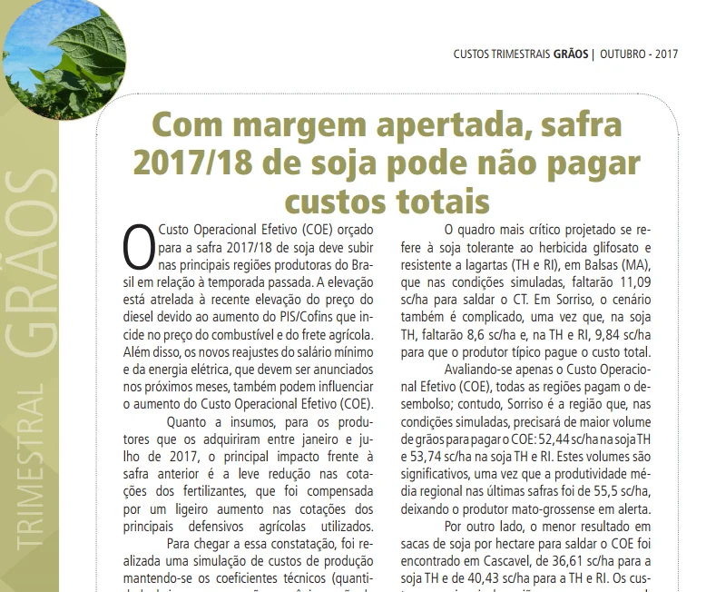 Análise de Custo da Safra de Soja 2017/18 no Brasil trecho de um relatório técnico-econômico sobre a safra de soja 2017/18 no Brasil, intitulado ‘Custos Trimes